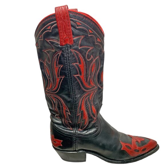 Vintage Dan Post Black Leather Red Inlaid Leather Cowgirl Boots - Picture 4 of 12